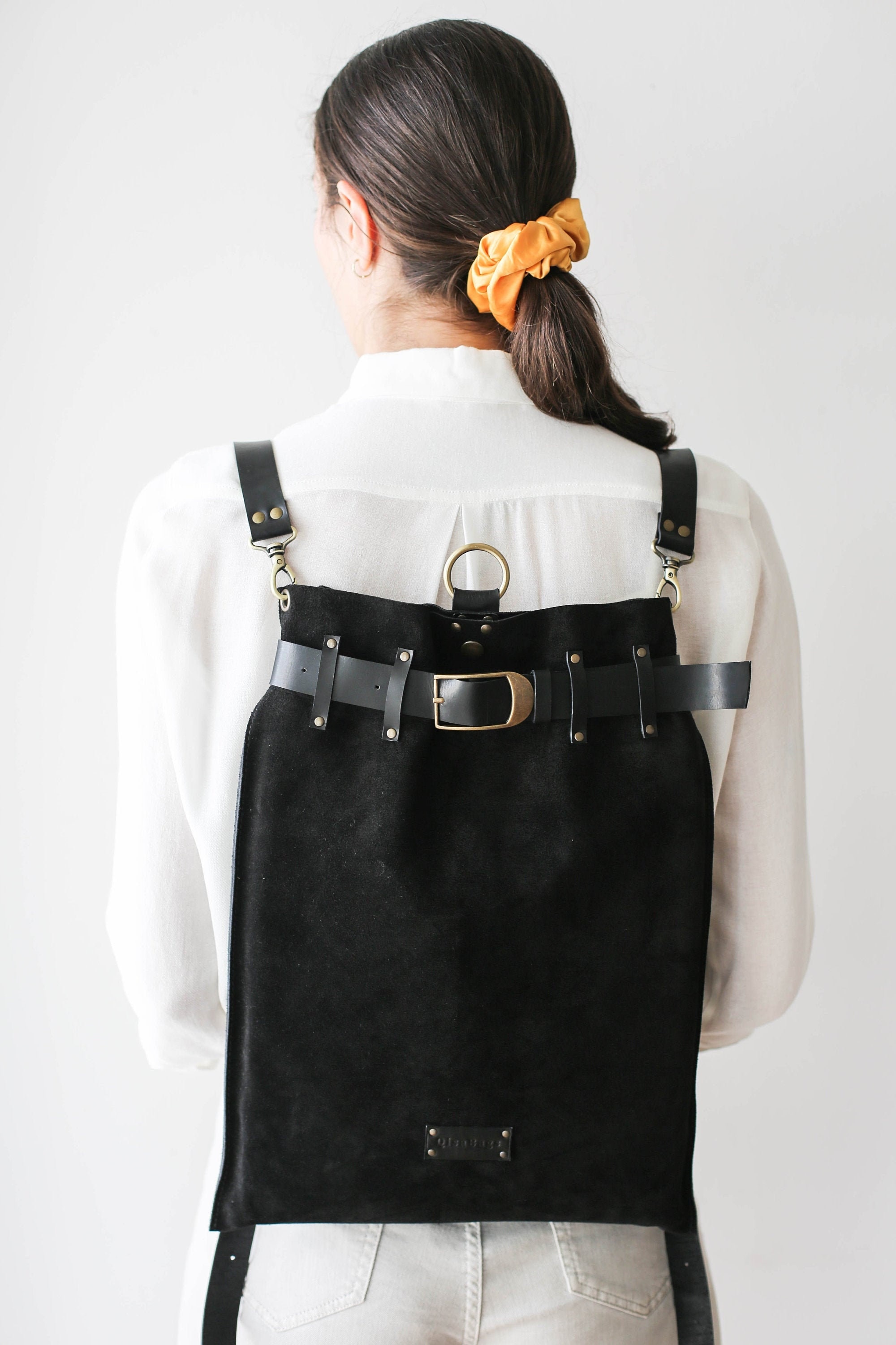 black leather work backpack