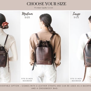 Brown Leather Bag, Women's Leather Backpack, Cognac Leather Shoulder Bag, Bucket Bag, Laptop Backpack with Pockets, Backpack Purse image 9