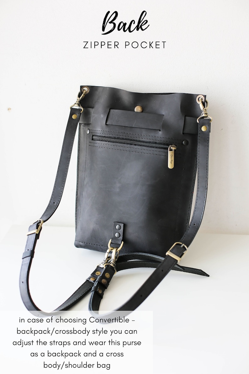 Painted Black Leather Bag, Leather Backpack, Black Leather Handbag, Black Leather Purse, Leather Shoulder Bag image 10