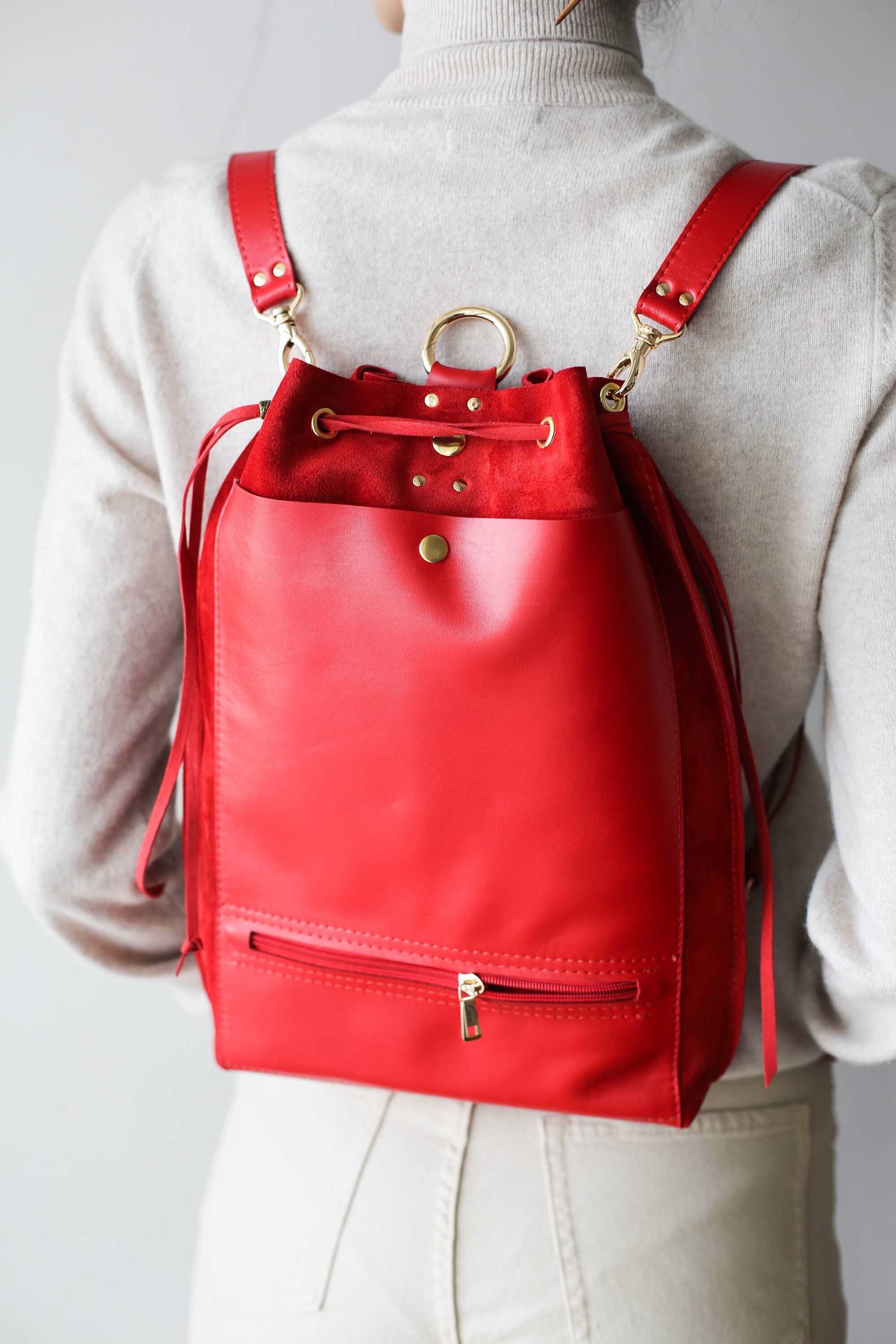 Red leather backpack purse sale