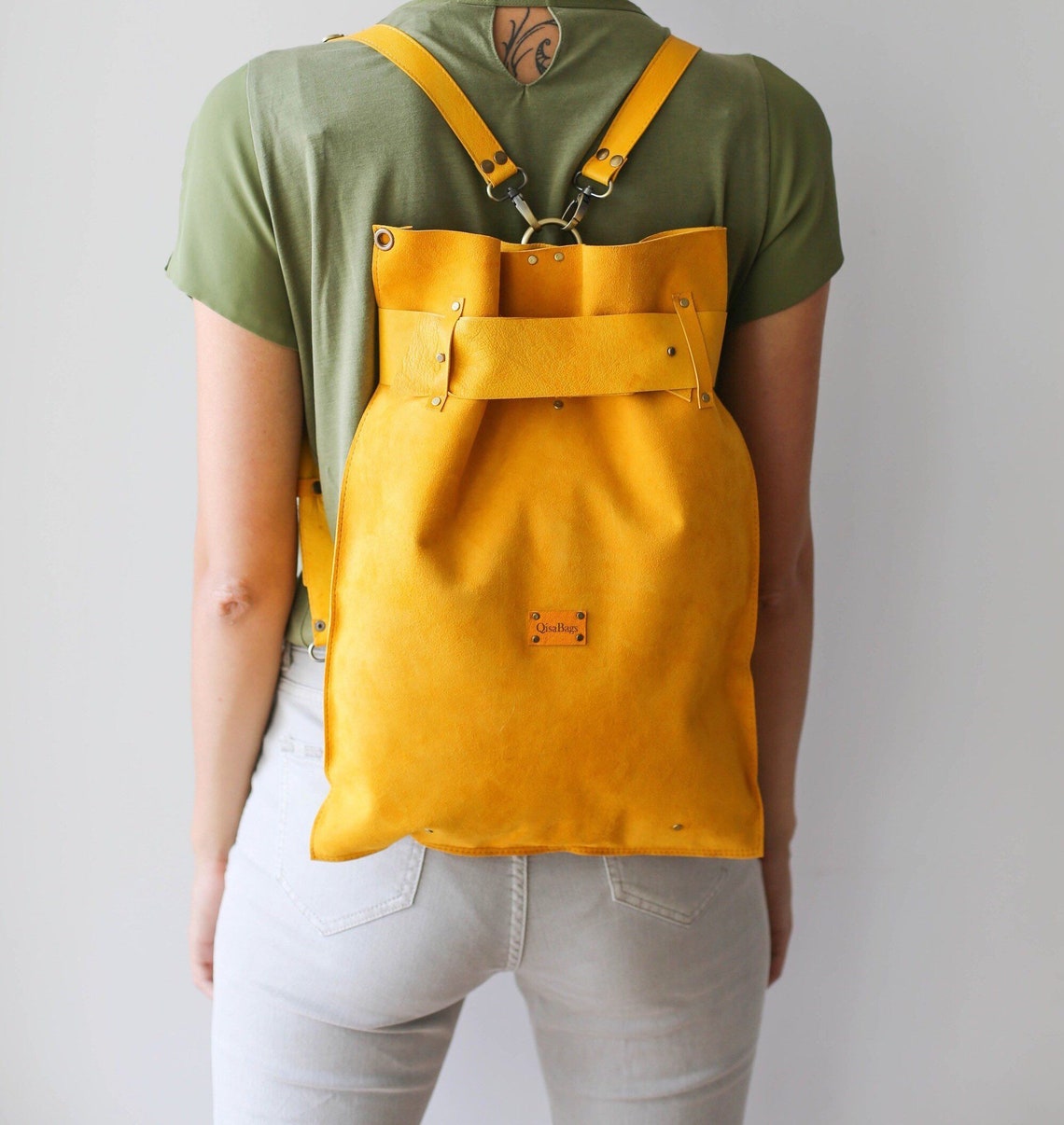 Leather Backpack Women Yellow Leather Backpack Large Leather Etsy