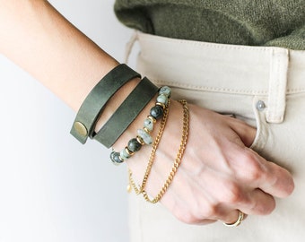 Leather Bracelet for Women, Statement Bracelet, Semi Precious Stone Bracelet, Leather Wrap Bracelet, Gift for Her