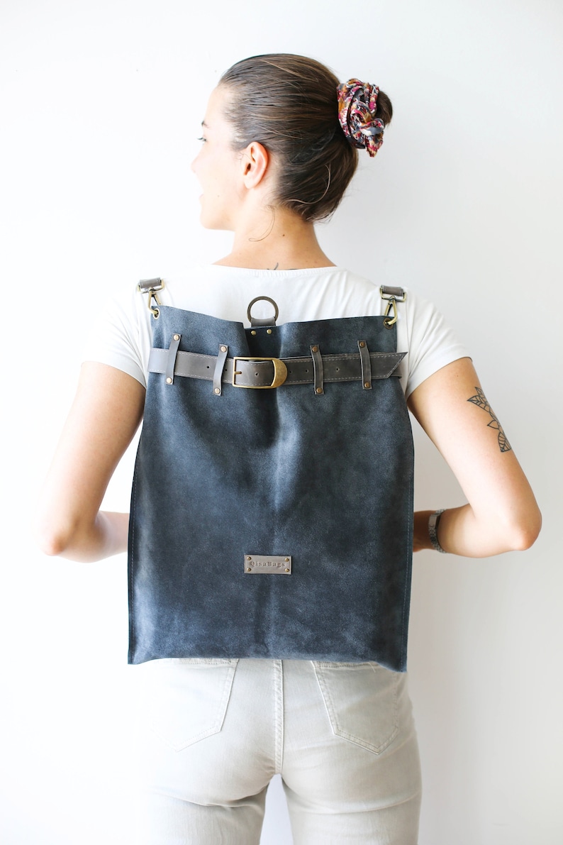 Gray Leather Backpack, Convertible Backpack Purse, Large Leather Backpack, Women Laptop Backpack, Suede Bag Large