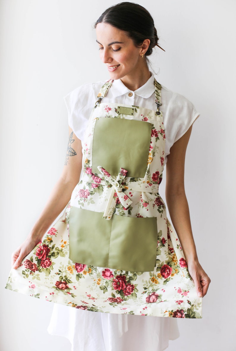 Aprons for Women, Retro Kitchen Apron, Canvas Leather Apron, Gardening Apron, Cute Cooking Apron, Anniversary Gift for Her image 3