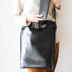 Handmade Large Leather Backpack, Black Leather Backpack, Glossy leather purse, Leather Laptop Backpack, Qisabags image 5