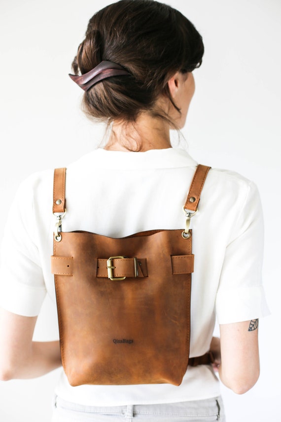 Mini Backpack Brown backpack Leather Rucksack Women Vintage | Etsy