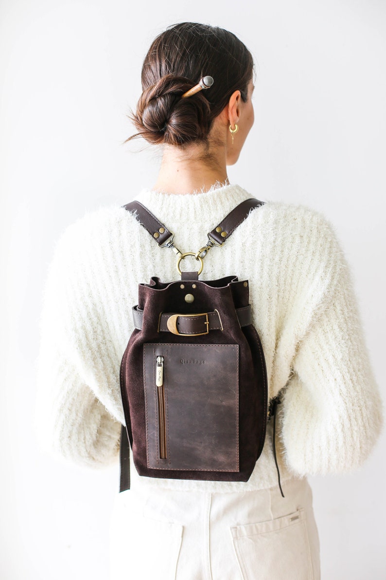 Leather Sling Backpack, Brown Leather Bag Women, Hobo Bag, Leather Sling Bag, Suede Cross Body Bag image 3