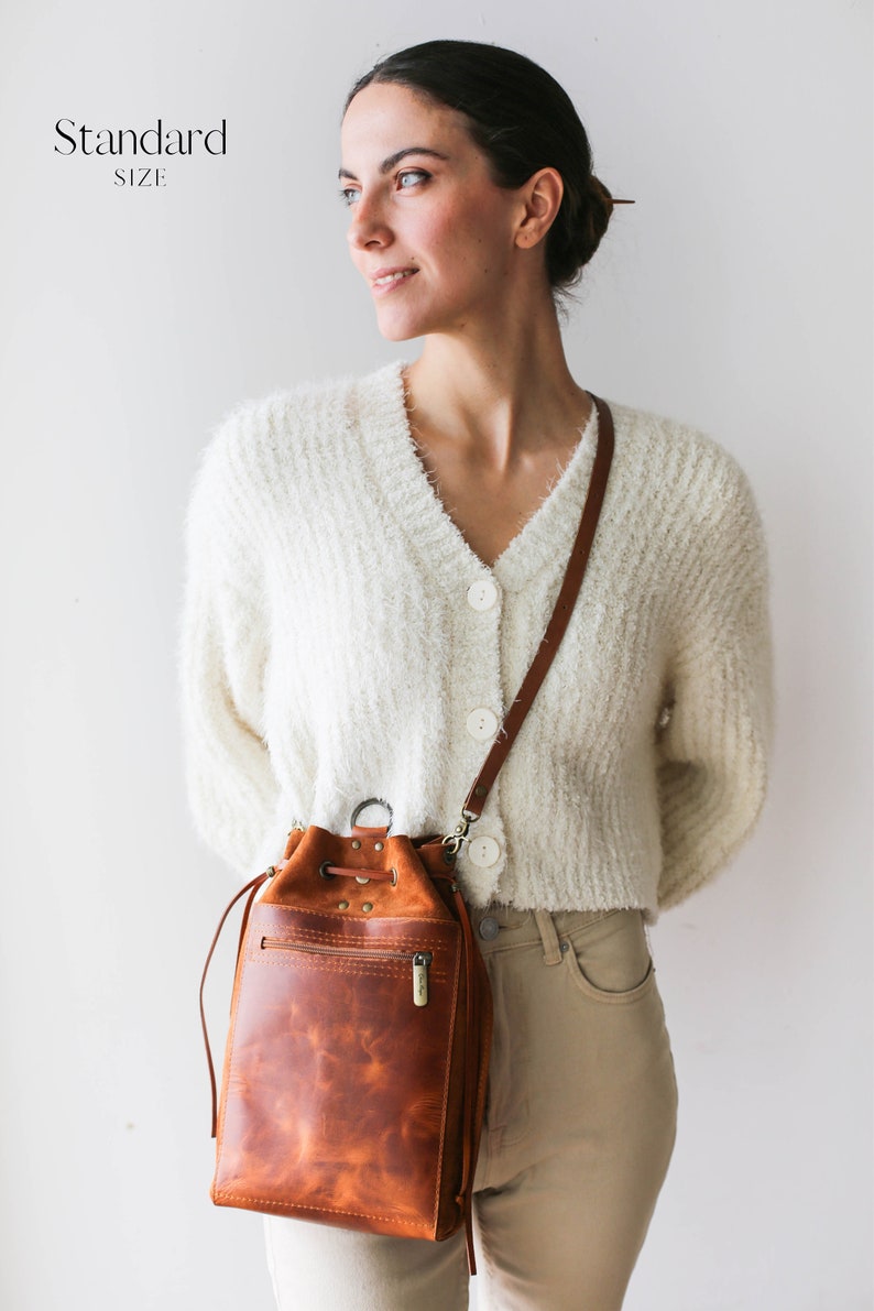 Brown Leather Bag, Women's Leather Backpack, Cognac Leather Shoulder Bag, Bucket Bag, Laptop Backpack with Pockets, Backpack Purse image 7