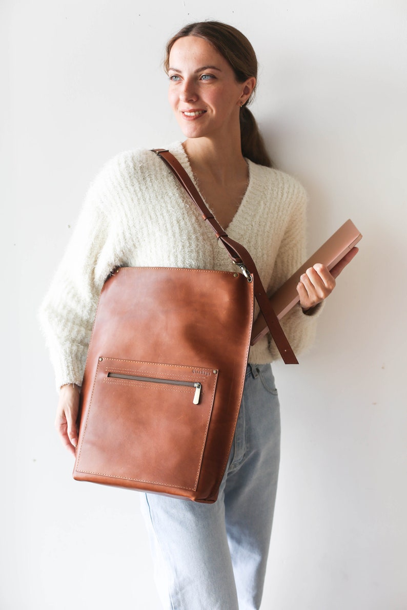 Brown Leather Backpack Purse, Leather Laptop Backpack, Convertible Backpack with Zipper, Leather Backpack Women image 6