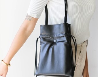 Faux Leather Black Backpack Shoulder Bag with Mini Bucket Bag Set Amazon.com: Women Cute Mini Leather Backpacks, Convertible  main image 3