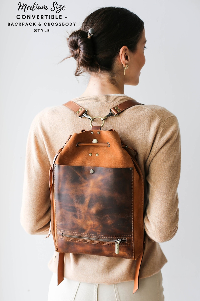 Brown Leather Bag, Women's Leather Backpack, Cognac Leather Shoulder Bag, Bucket Bag, Laptop Backpack with Pockets, Backpack Purse image 5