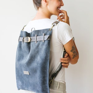 Gray Leather Backpack, Convertible Backpack Purse, Large Leather Backpack, Women Laptop Backpack, Suede Bag image 4