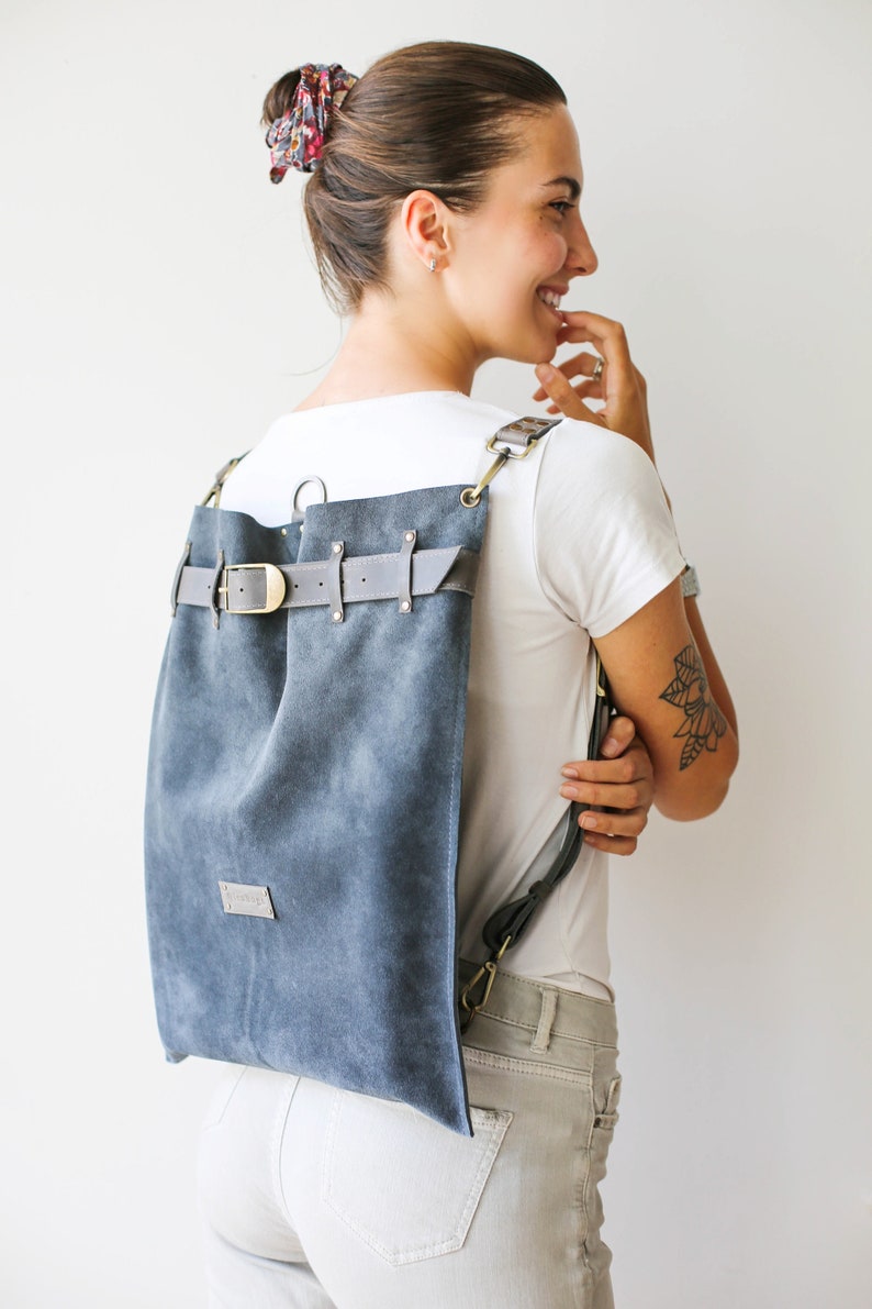 Gray Leather Backpack, Convertible Backpack Purse, Large Leather Backpack, Women Laptop Backpack, Suede Bag image 4