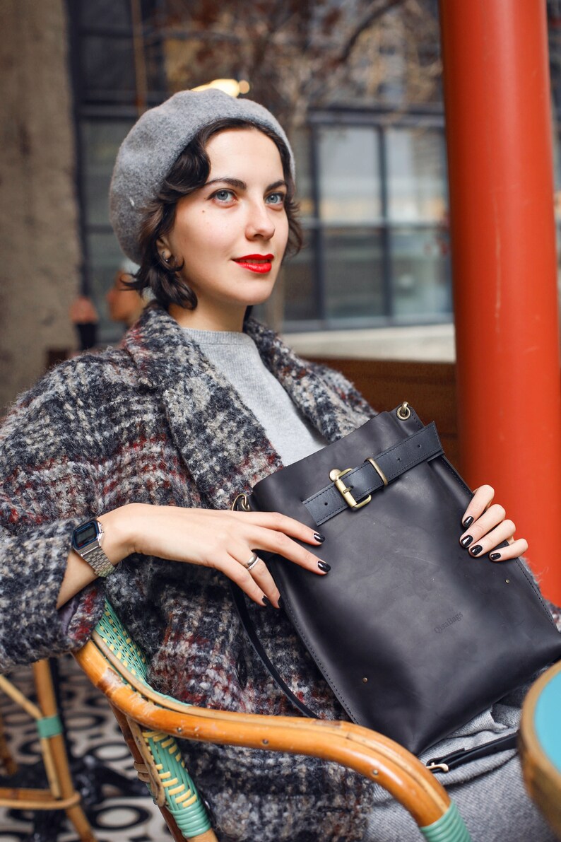 Black Bag Black Leather Bag Black Leather Backpack Etsy