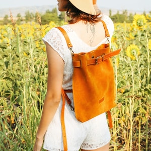 Womens Leather Backpack, Suede Backpack, Yellow Leather Bag, Convertible Bag