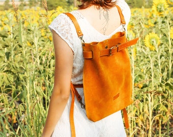 Womens Leather Backpack, Suede Backpack, Yellow Leather Bag, Convertible Bag