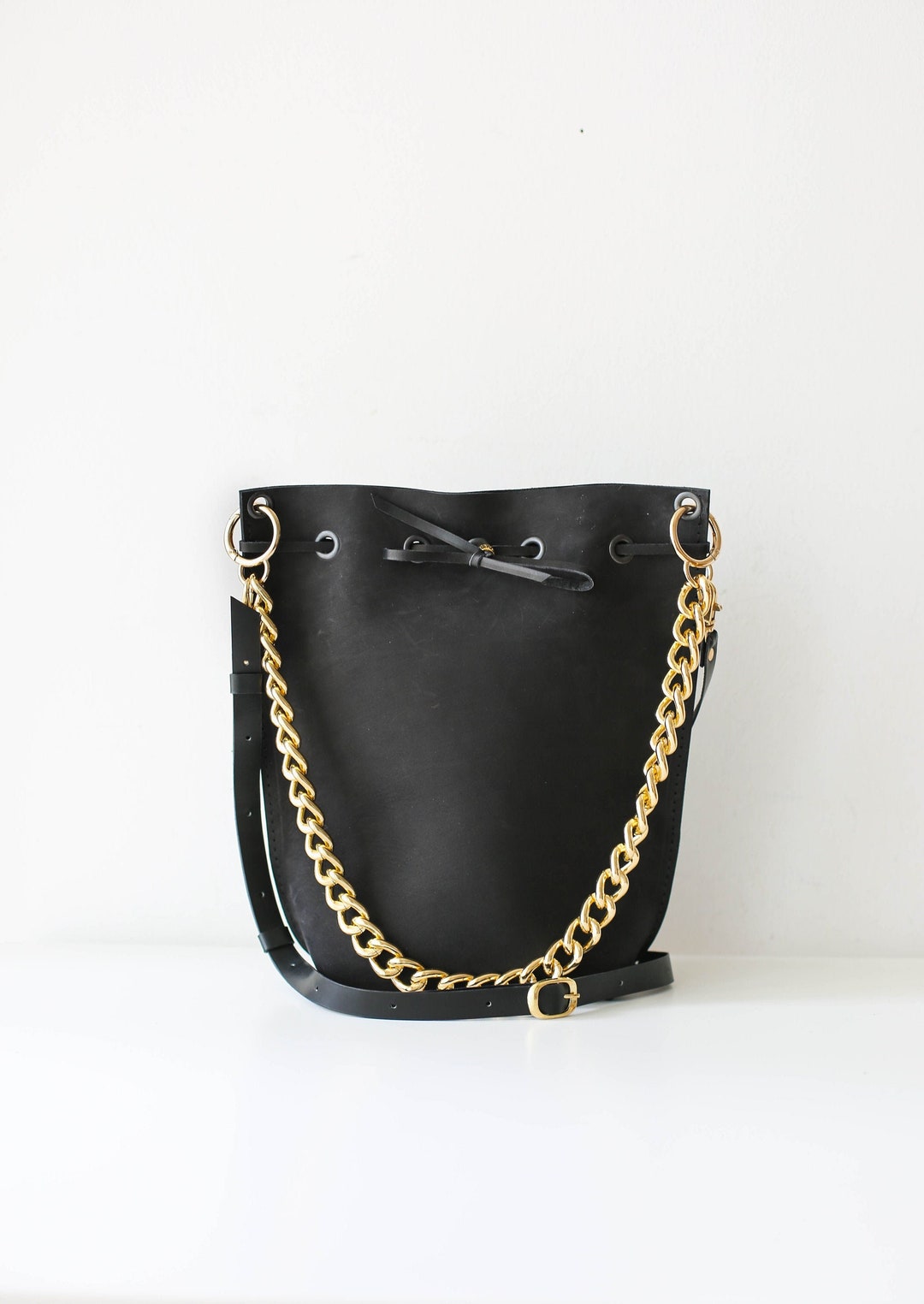 Bucket Bag With Chain, Black Leather Bag, Black Handbag
