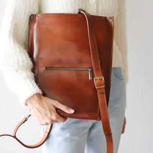 Brown Leather Backpack Purse, Leather Laptop Backpack, Convertible Backpack with Zipper, Leather Backpack Women image 8