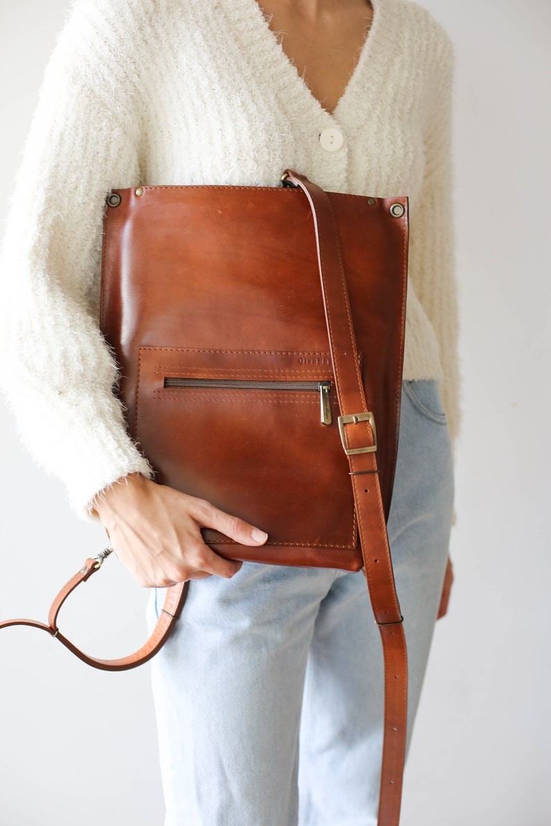 Brown Leather Backpack Purse, Leather Laptop Backpack, Convertible Backpack with Zipper, Leather Backpack Women image 8