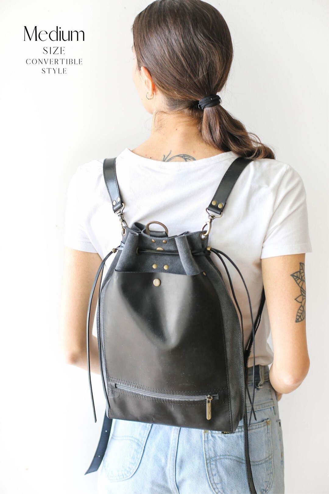 Gray Leather Backpack With Pockets, Suede Shoulder Bag, Large Leather