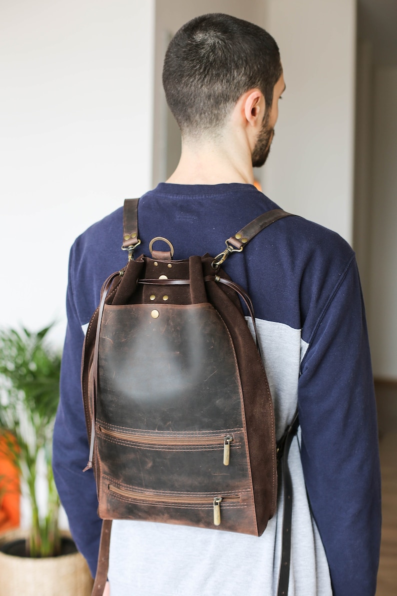 Men's Leather Backpack, Brown Leather Backpack, Laptop Backpack for Men and Women, Leather Rucksack, Minimalist Backpack 画像 3