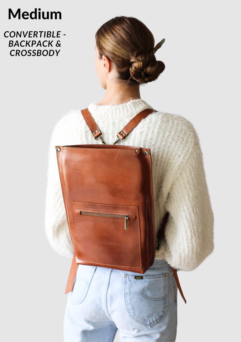 Brown Leather Backpack Purse, Leather Laptop Backpack, Convertible Backpack with Zipper, Leather Backpack Women image 1