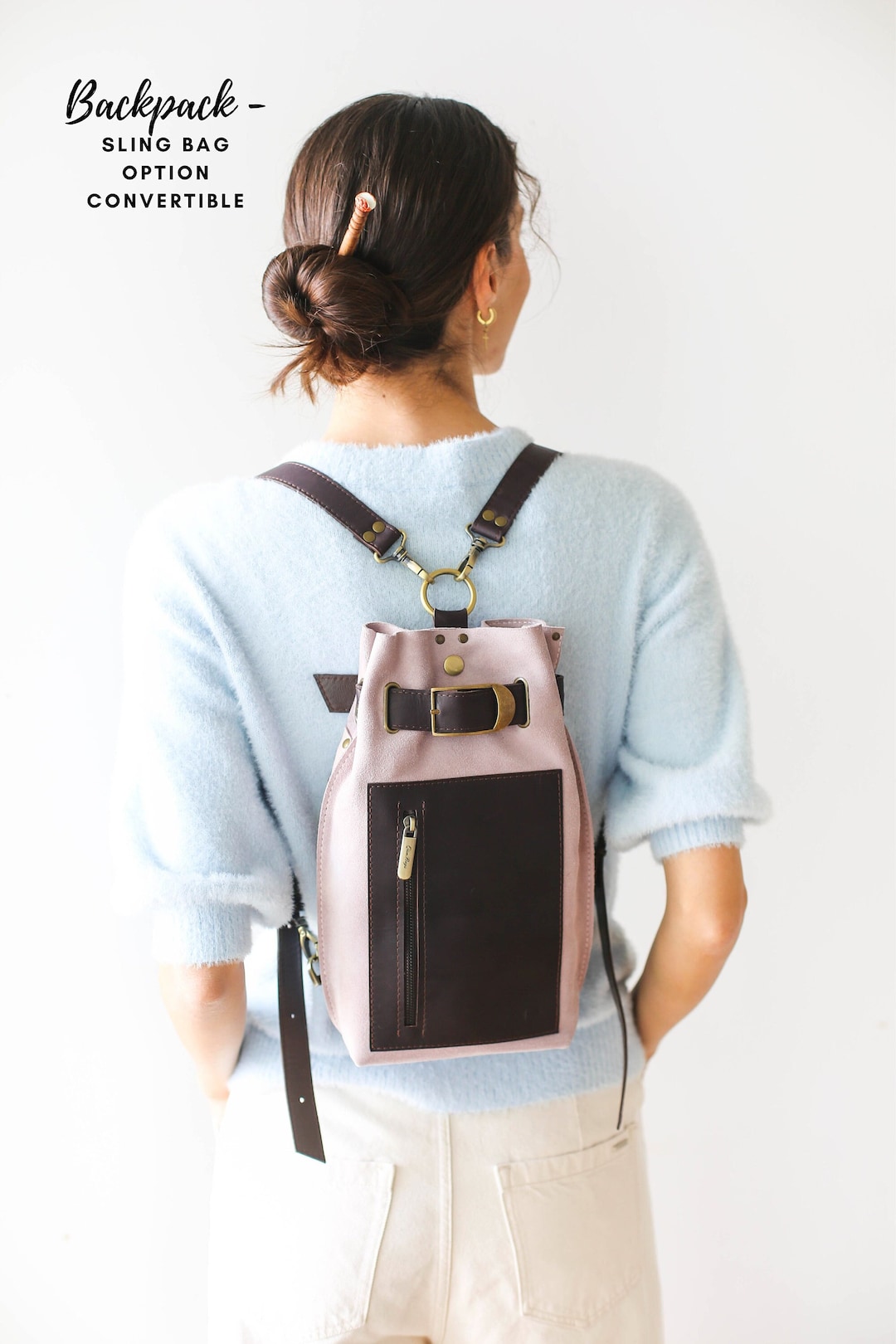 Womens Leather Backpack, Leather Sling Bag, Suede Backpack 