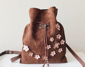 Small Leather Bag, Leather Fanny Pack, Floral Leather Purse, Leather Belt Bag, Gift for Mom, Travel Pouch, Suede Bucket Bag
