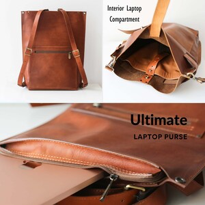 Brown Leather Backpack Purse, Leather Laptop Backpack, Convertible Backpack with Zipper, Leather Backpack Women image 2