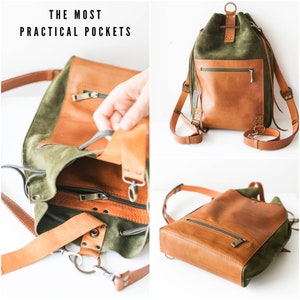 May include: A leather backpack with a brown front and straps, and a green suede top and back. The bag has multiple pockets, including a zippered front pocket and a drawstring closure. The text "THE MOST PRACTICAL POCKETS" is at the top.