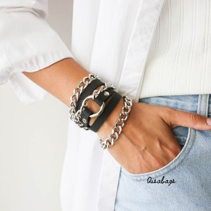 Leather Wrap Bracelet, Gift for Her, Silver Chain Bracelet with Leather, Leather Gift, Womens Leather Bracelet