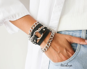 Leather Wrap Bracelet, Gift for Her, Silver Chain Bracelet with Leather, Leather Gift, Womens Leather Bracelet