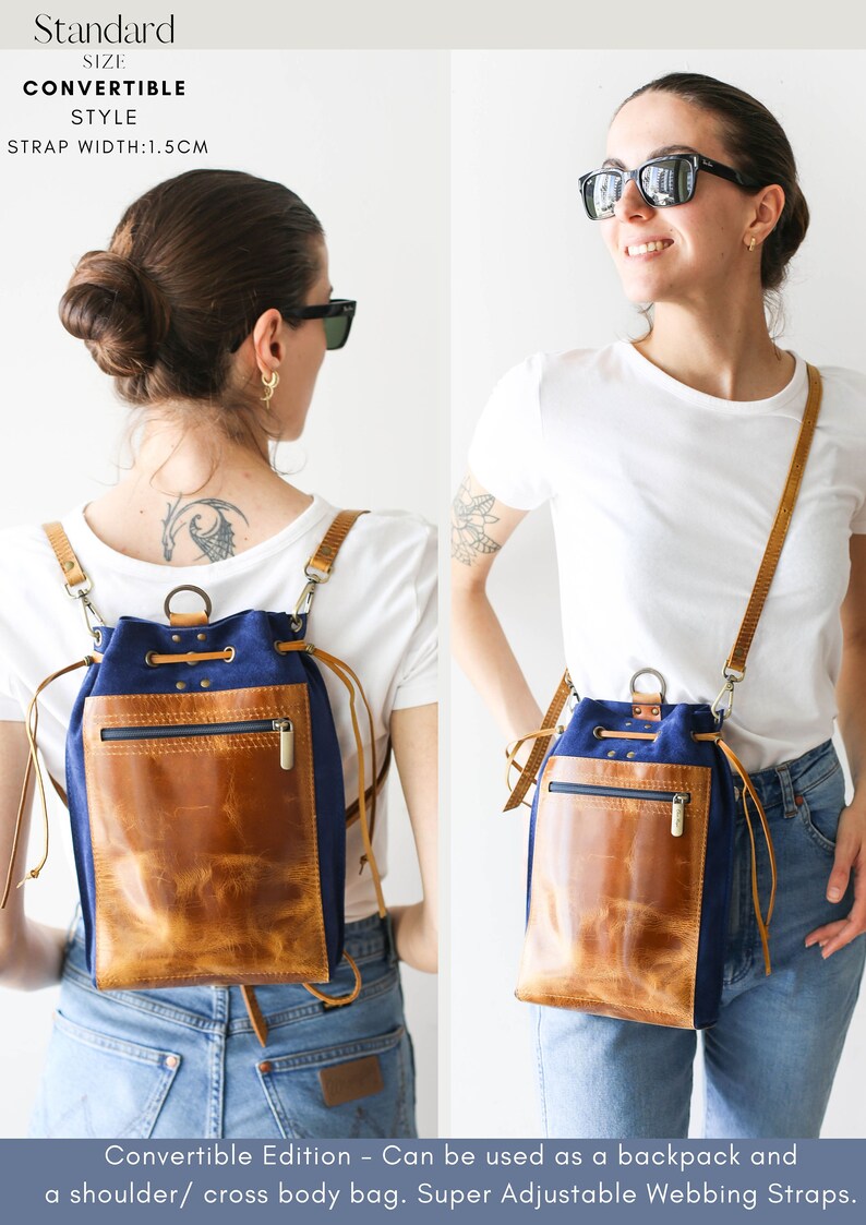 May include: A blue and brown convertible backpack with adjustable straps. The backpack can be worn as a shoulder bag or a crossbody bag. Standard Size. Convertible Style. Strap Width: 1.5CM.