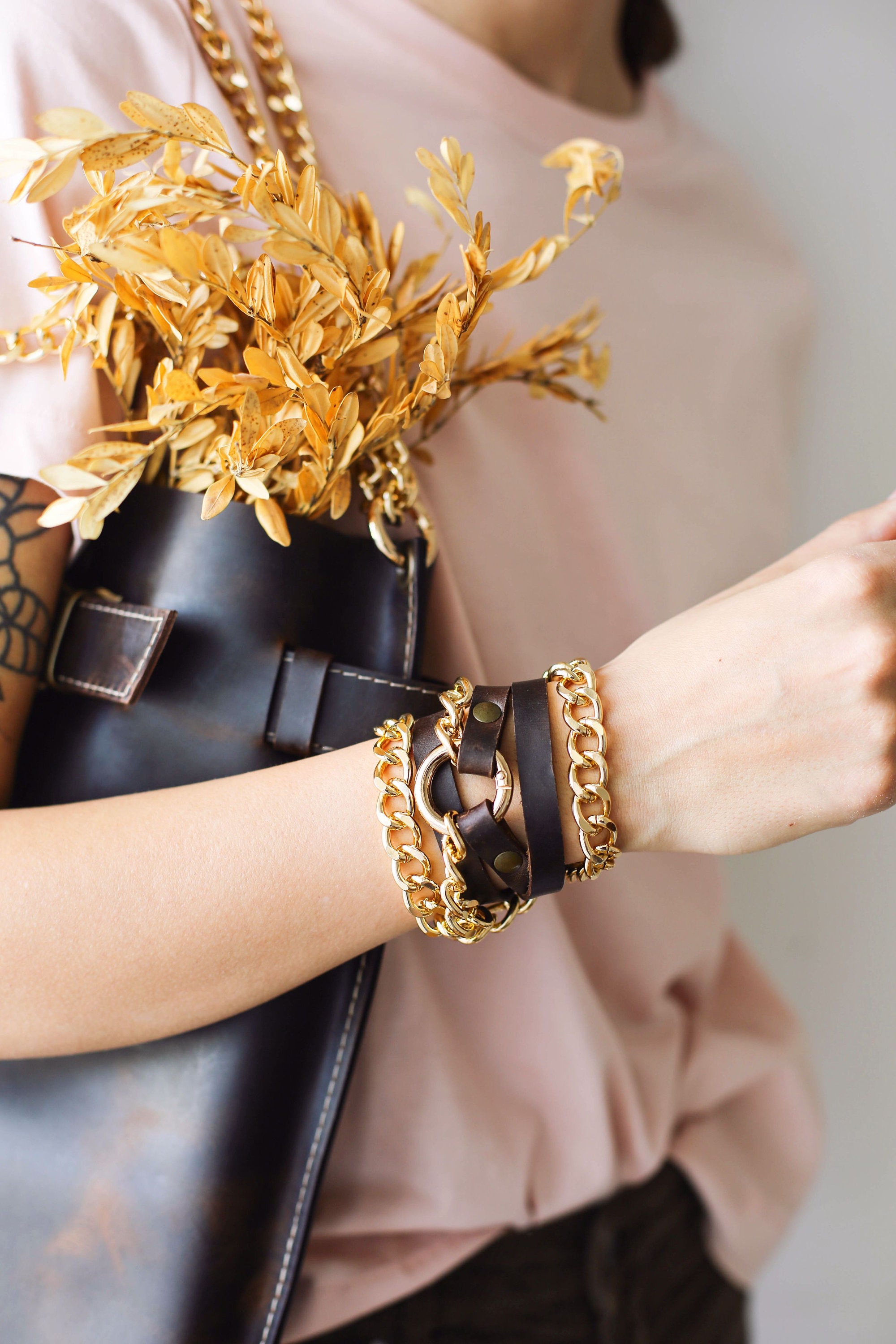 Bracelet With Gold Chain Leather Bracelet Women s Leather