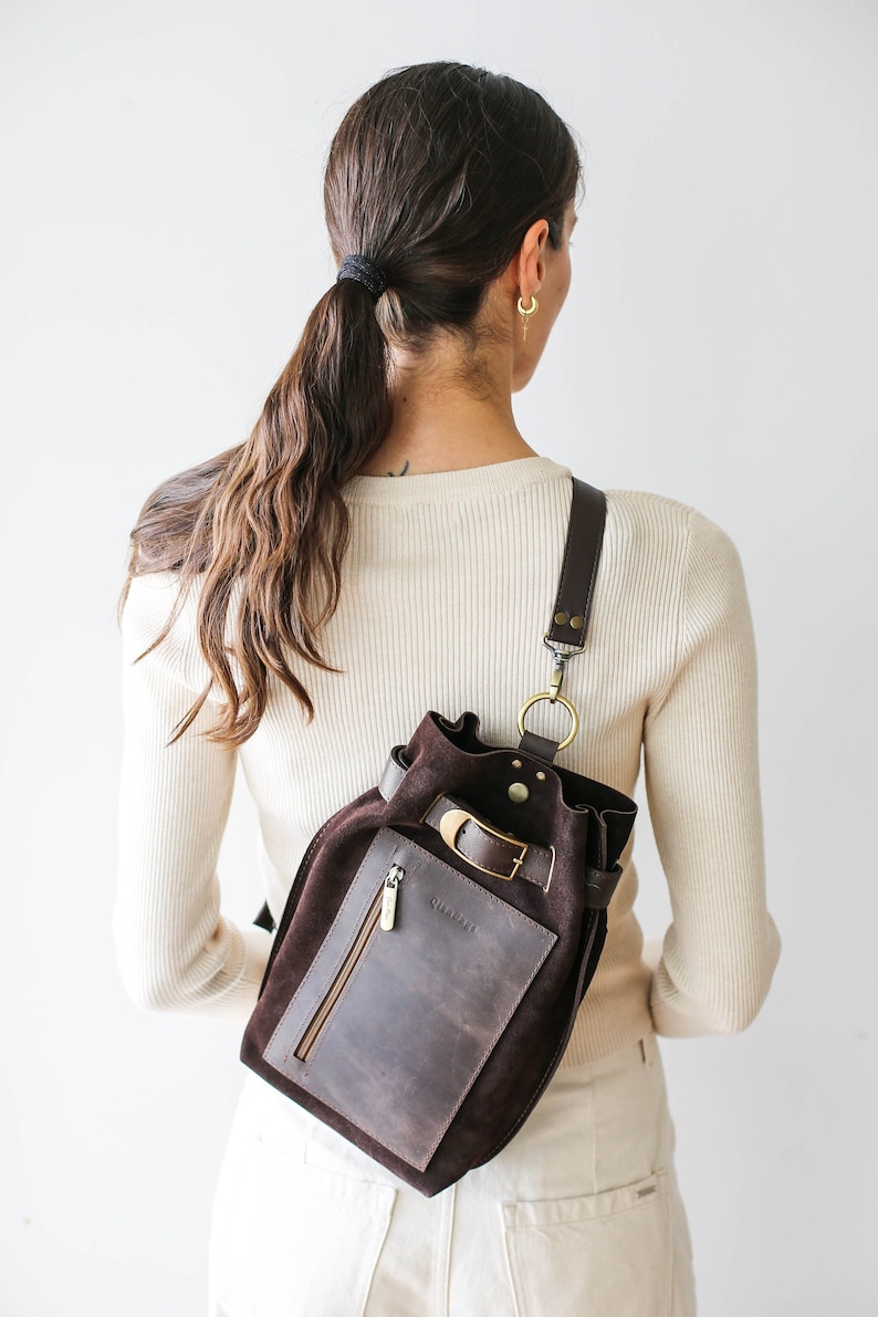 Leather Sling Backpack, Brown Leather Bag Women, Hobo Bag, Leather Sling Bag, Suede Cross Body Bag image 2