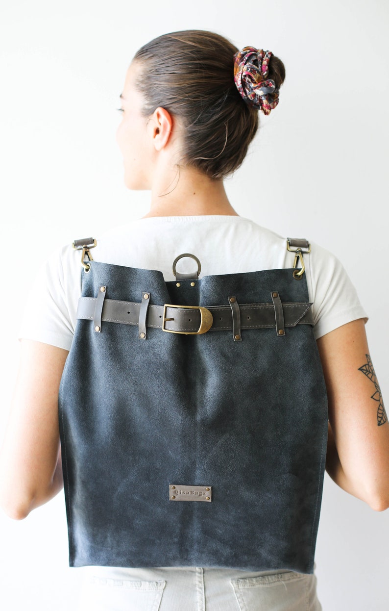 Gray Leather Backpack, Convertible Backpack Purse, Large Leather Backpack, Women Laptop Backpack, Suede Bag image 2