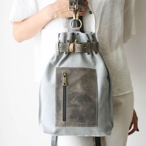 Leather Backpack Purse, Leather Backpack for Women, Leather Sling Backpack, Gray Suede Leather Shoulder Bag image 10