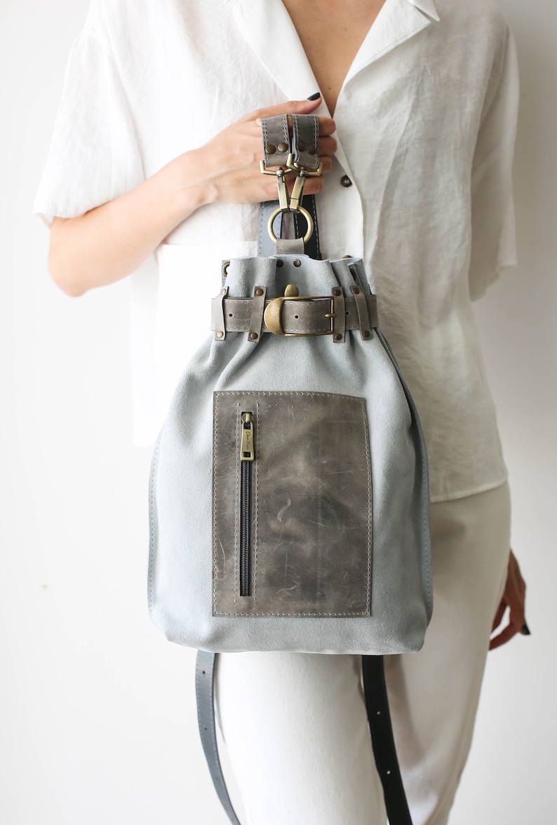 Leather Backpack Purse, Leather Backpack for Women, Leather Sling Backpack, Gray Suede Leather Shoulder Bag image 10