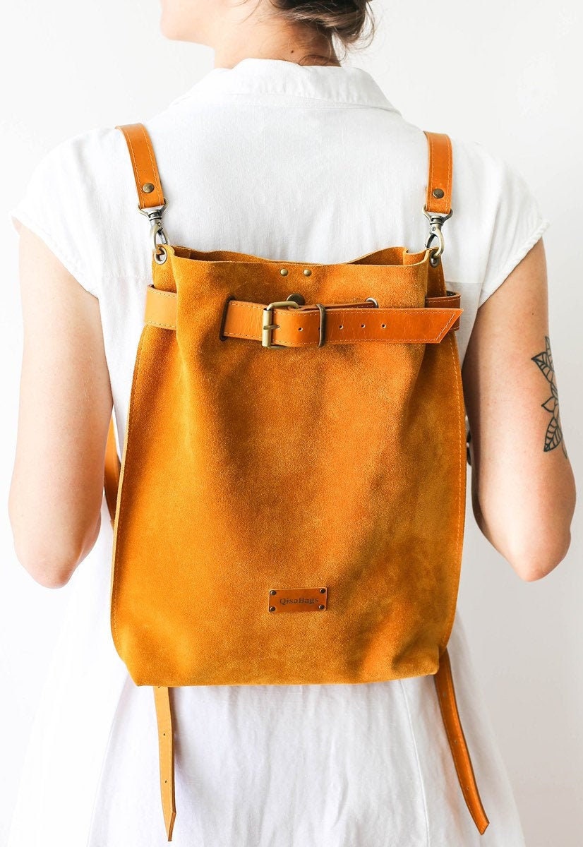 Womens Leather Backpack Suede Backpack Yellow Leather Bag Etsy