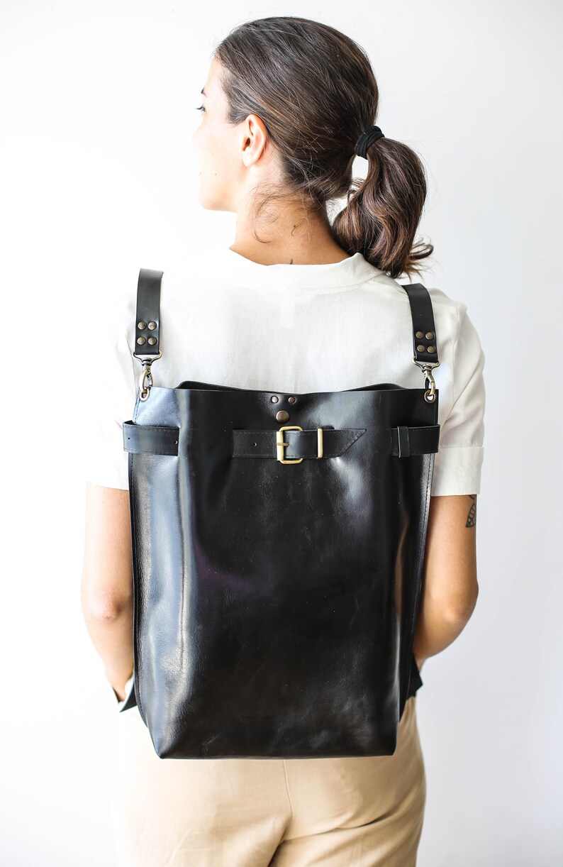 Handmade Large Leather Backpack, Black Leather Backpack, Glossy leather purse, Leather Laptop Backpack, Qisabags image 3