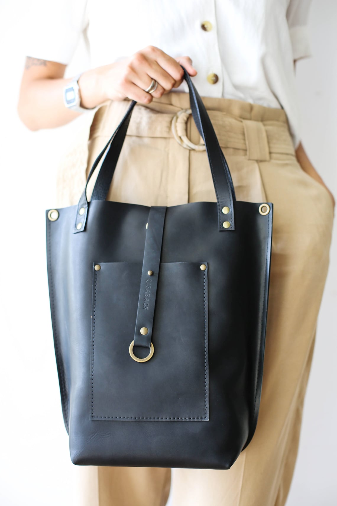 Medium Leather Tote Bag Black Leather Handbag Black Tote | Etsy