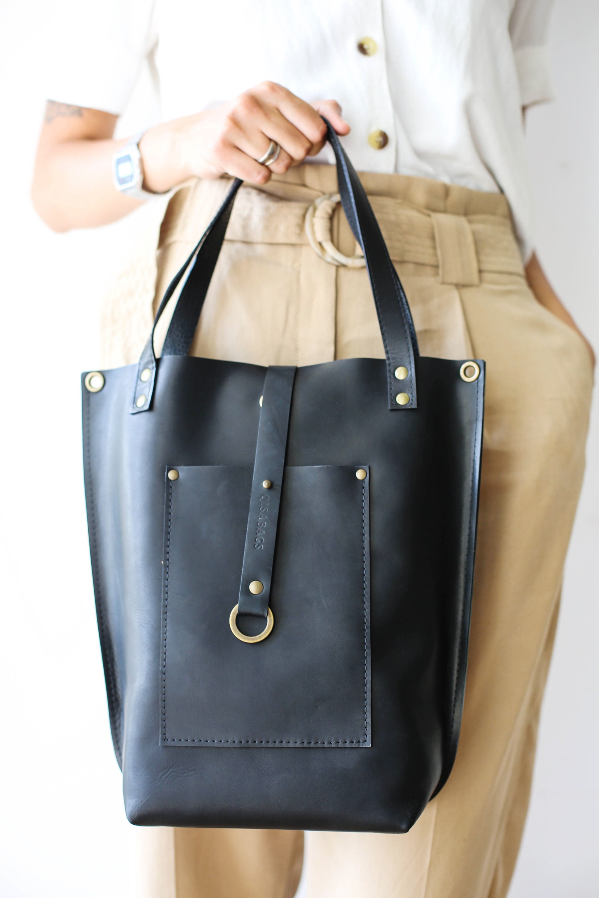 Medium Leather Tote Bag Black Leather Handbag Black Tote Etsy