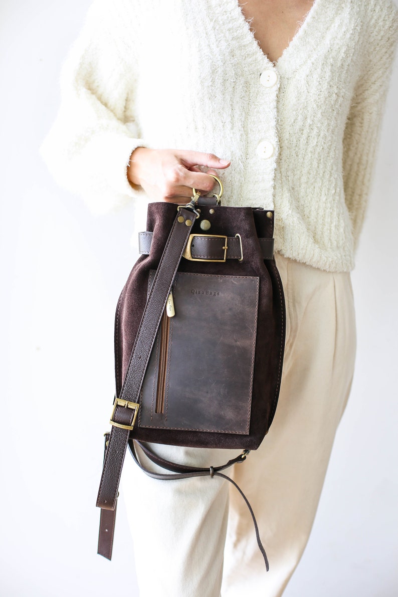 Leather Sling Backpack, Brown Leather Bag Women, Hobo Bag, Leather Sling Bag, Suede Cross Body Bag image 9