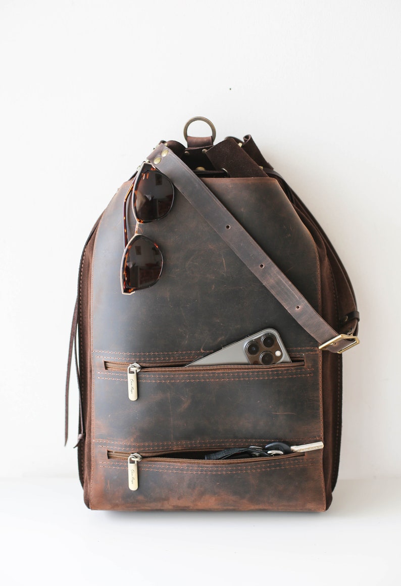 Men's Leather Backpack, Brown Leather Backpack, Laptop Backpack for Men and Women, Leather Rucksack, Minimalist Backpack 画像 5