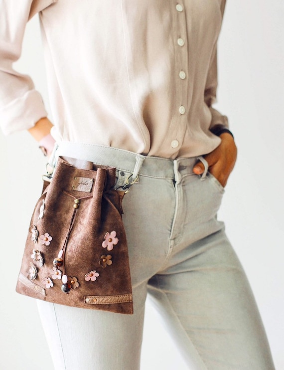 Small Leather Bag, Leather Waist Bag, Leather Gift for Her, Floral Leather Bag, Leather Accessories women