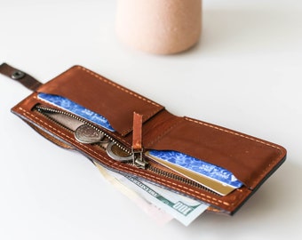 Slim Leather Wallet, Billfold Wallet with Zipper, Mens Wallet, Brown Billfold Leather Wallet, Personalized wallet