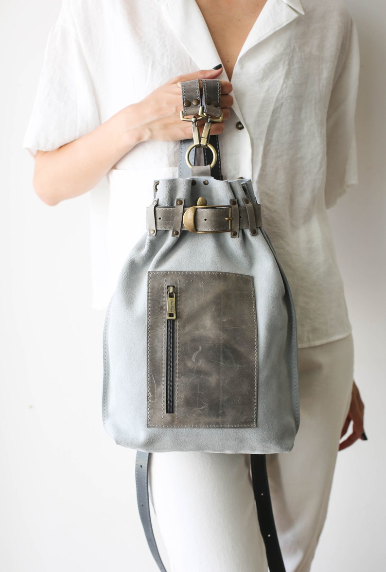 Gray Leather Backpack