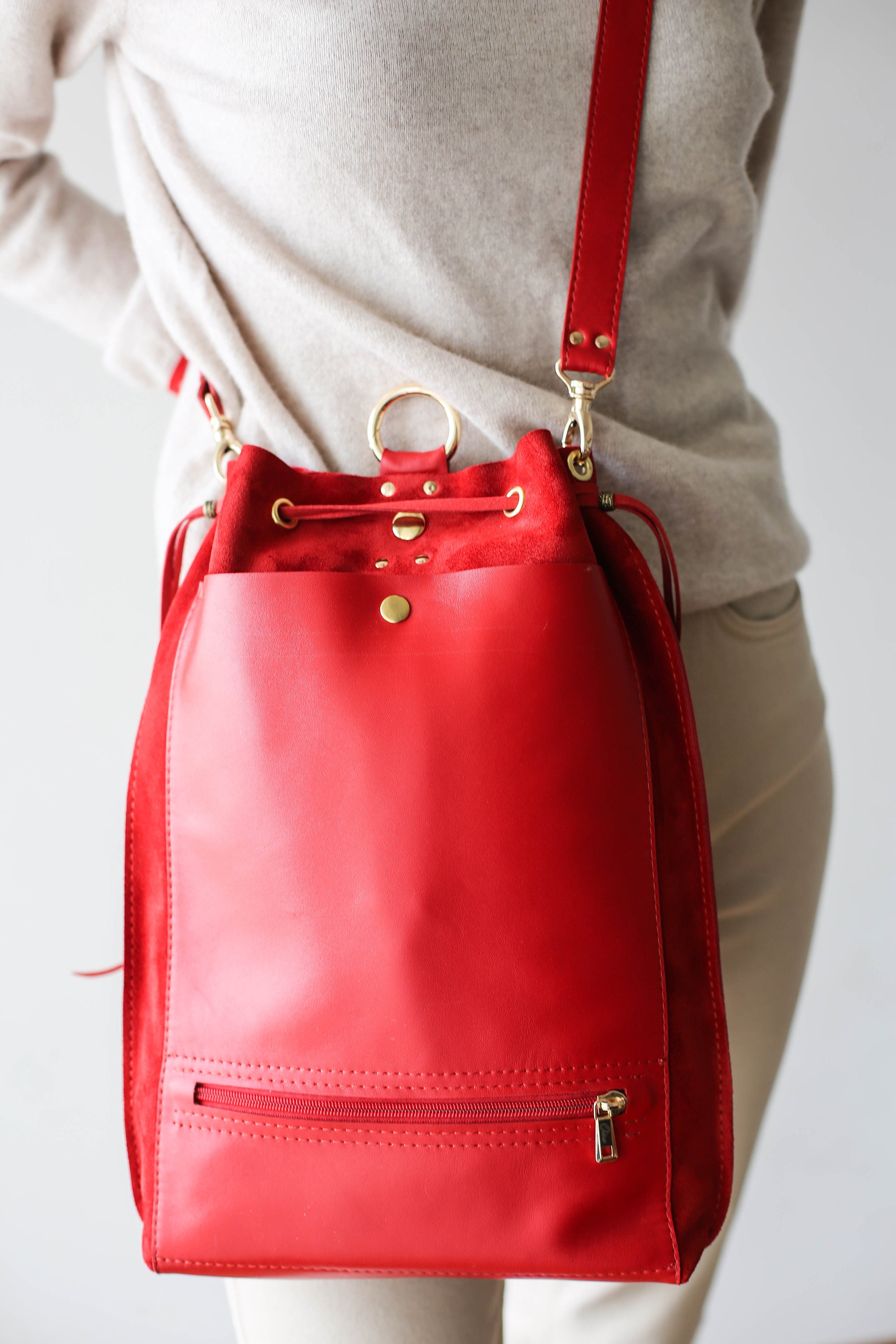 Red leather backpack handbag clearance