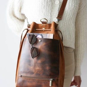 Brown Leather Bag, Women's Leather Backpack, Cognac Leather Shoulder Bag, Bucket Bag, Laptop Backpack with Pockets, Backpack Purse image 3