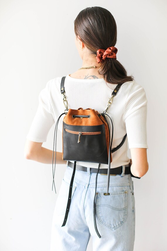 Brown leather top small backpack